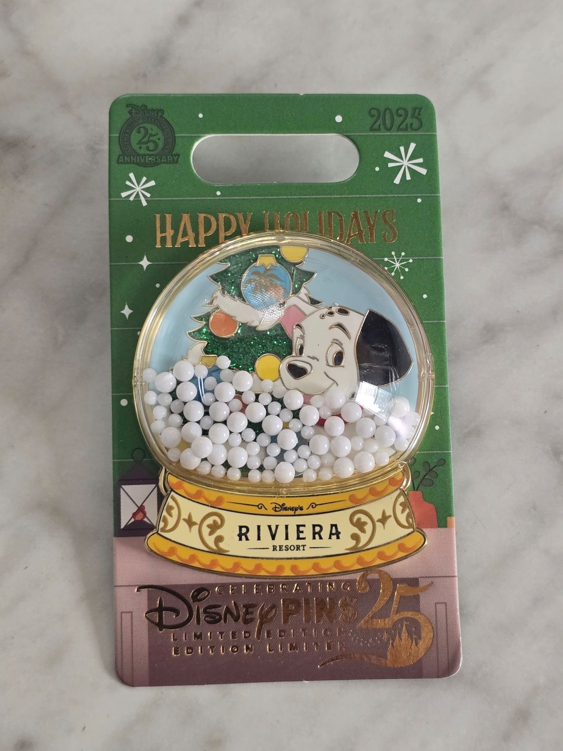 Riviera Resort Happy Holidays Snowglobe pin Dalmatian 