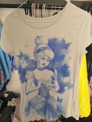 Disney Womans T Shirt Blue Geometric Small Cotton Blend Cinderella Short Sleeve