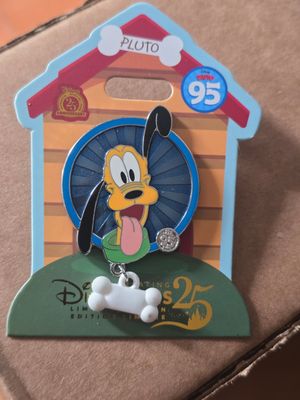 Disney Pluto 95 Years Pin LE – 25th Anniversary Disney Pins w/ Bone Dangle – NEW