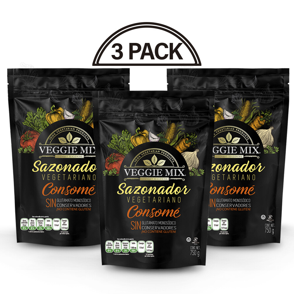 Consomé Sazonador Vegetariano Veggie Mix. Paq. 3 Bolsas 750 Gramos