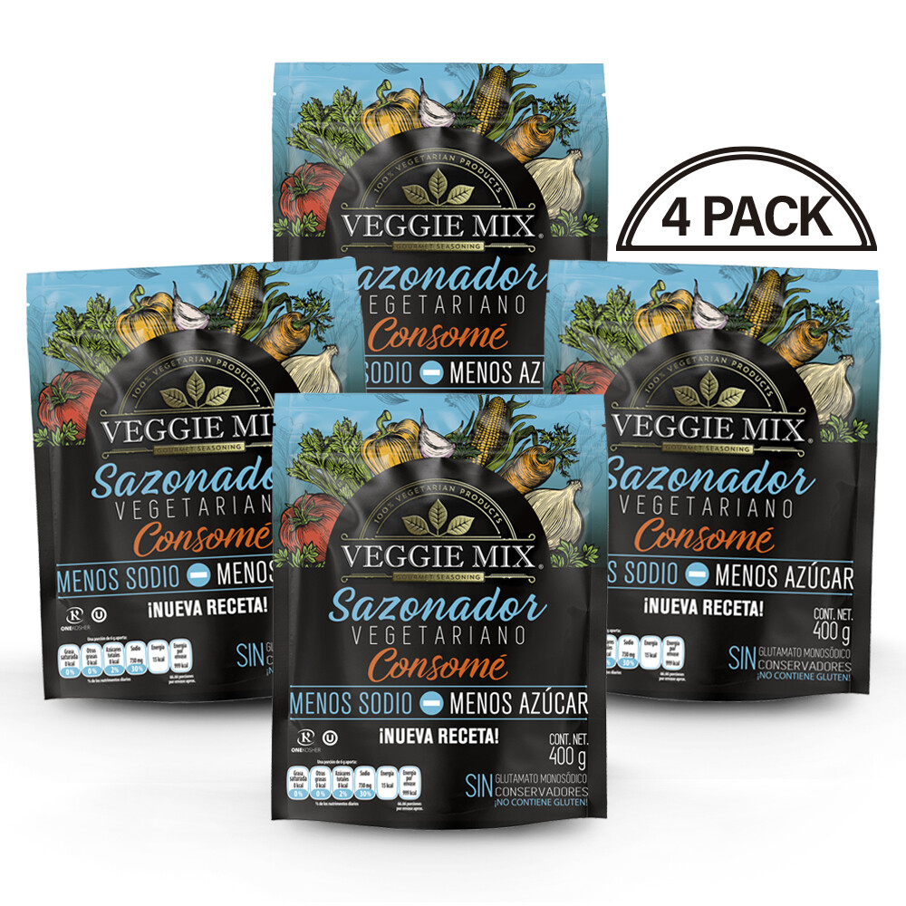 Consomé Sazonador Vegetariano Veggie Mix. MENOS SODIO MENOS AZÚCAR. Paq 4 Bolsas 400g