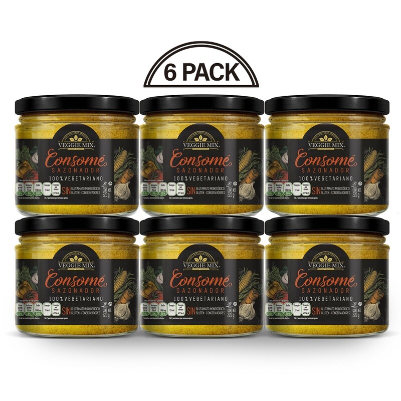 Consomé Sazonador Vegetariano Veggie Mix.  Paq. 6 Frascos 220 Gramos
