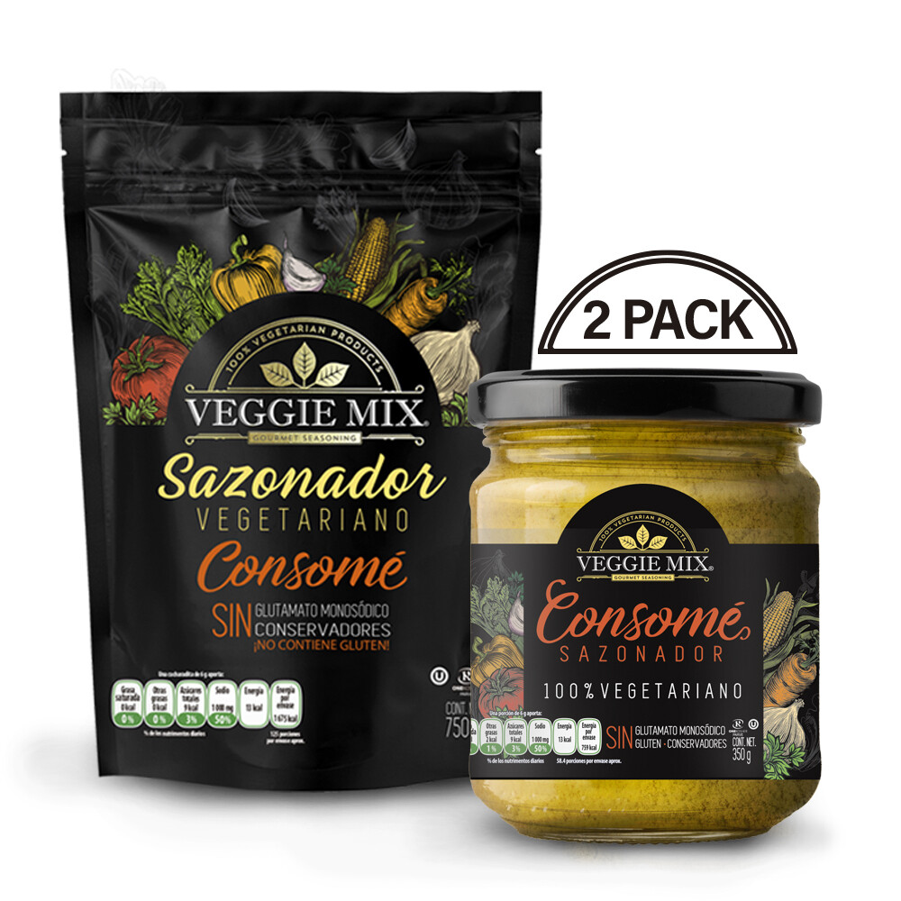 Consomé Sazonador Vegetariano Veggie Mix. Bolsa 750g y Frasco 350g