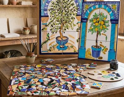 Zwei handgefertigte Keramik-Wandbilder mit Oliven- und Zitronenbaum-Motiven neben einer bunten Auswahl an handbemalten Mosaik