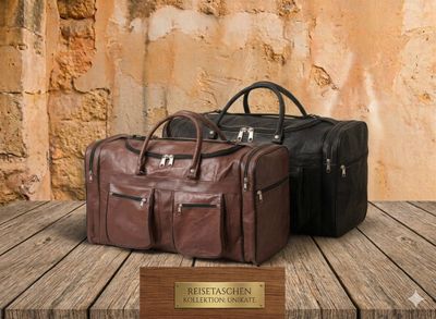 Kategorie-Ansicht klassischer Reisetaschen und Weekender aus cognacfarbenem und braunem Ziegenleder.
