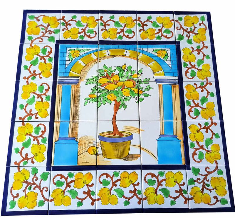Handbemaltes Fliesenbild Zitronenbaum 75x75 cm mediterrane Wanddeko