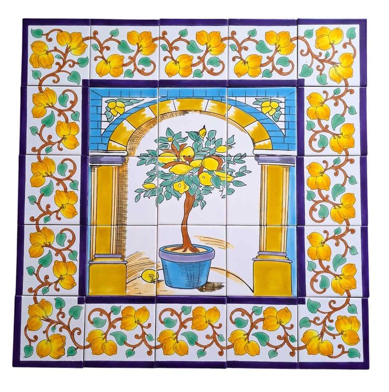 Handbemaltes Fliesenbild Zitronenbaum 75x75 cm mediterrane Wanddeko