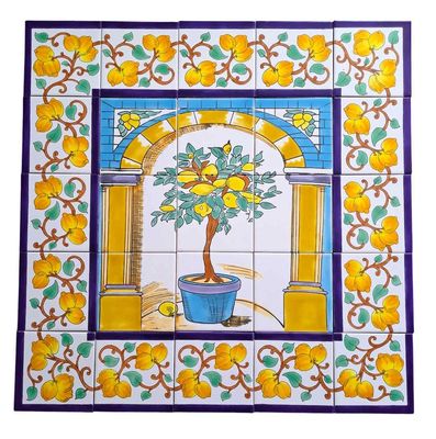 Handbemaltes Fliesenbild Zitronenbaum 75x75 cm mediterrane Wanddeko