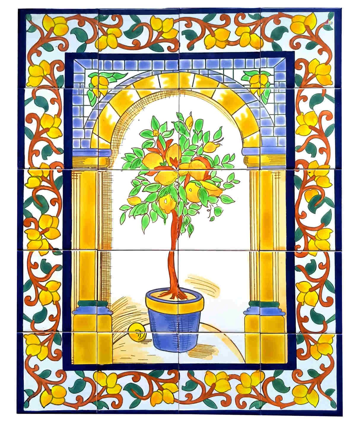 Handbemaltes Fliesenbild Zitronenbaum im Torbogen mediterrane Wandfliesen 20 Kacheln
