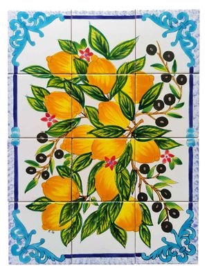 Handbemaltes Fliesenbild Zitronen und Oliven mediterran 60x45 cm Wanddekoration