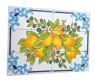 Mediterrane Fliesen &amp; Kacheln im Querformat: Handbemaltes Zitronenbaum Wandbild Ansicht