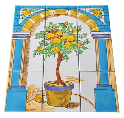 Handbemaltes Fliesenbild Zitronenbaum im blauen Torbogen 45x45 cm