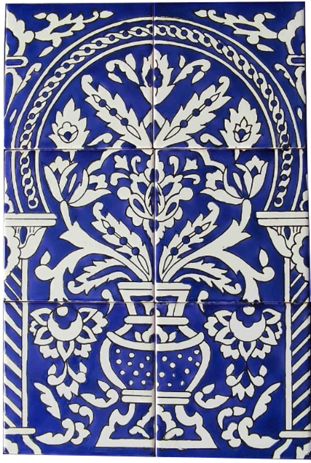Klassisches blau-weißes Fliesenbild mit floralem Vasen-Motiv im Torbogen, handbemalt, 6-teiliges Set, 30x45 cm.