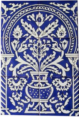 Klassisches blau-weißes Fliesenbild mit floralem Vasen-Motiv im Torbogen, handbemalt, 6-teiliges Set, 30x45 cm.