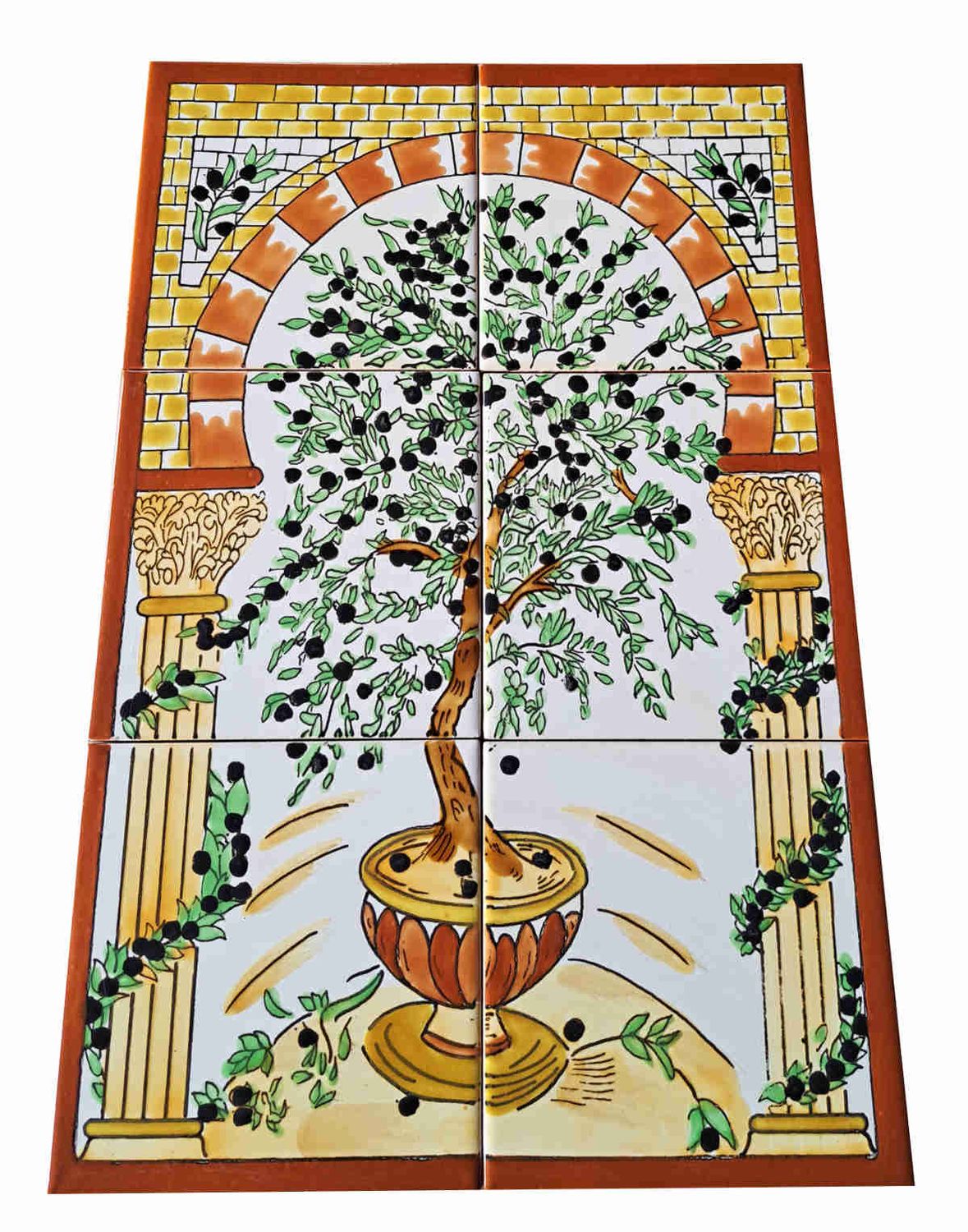Handbemaltes Keramik-Fliesenbild mit Olivenbaum-Motiv in antikem Torbogen, 6-teiliges Wandbild-Set, mediterraner Stil, 30x45 