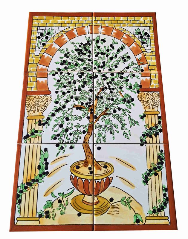 Handbemaltes Keramik-Fliesenbild mit Olivenbaum-Motiv in antikem Torbogen, 6-teiliges Wandbild-Set, mediterraner Stil, 30x45 
