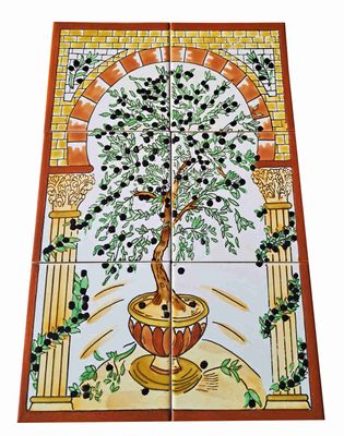 Handbemaltes Keramik-Fliesenbild mit Olivenbaum-Motiv in antikem Torbogen, 6-teiliges Wandbild-Set, mediterraner Stil, 30x45 