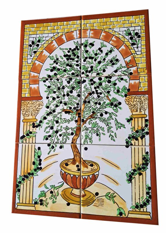Handbemalte Fliesen mit Olivenbaum-Motiv in antikem Torbogen, 6-teiliges Wandbild-Set, Orient Stil, 30x45 