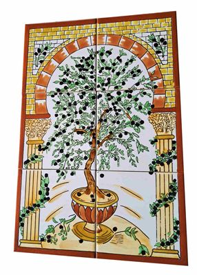 Handbemalte Fliesen mit Olivenbaum-Motiv in antikem Torbogen, 6-teiliges Wandbild-Set, Orient Stil, 30x45 