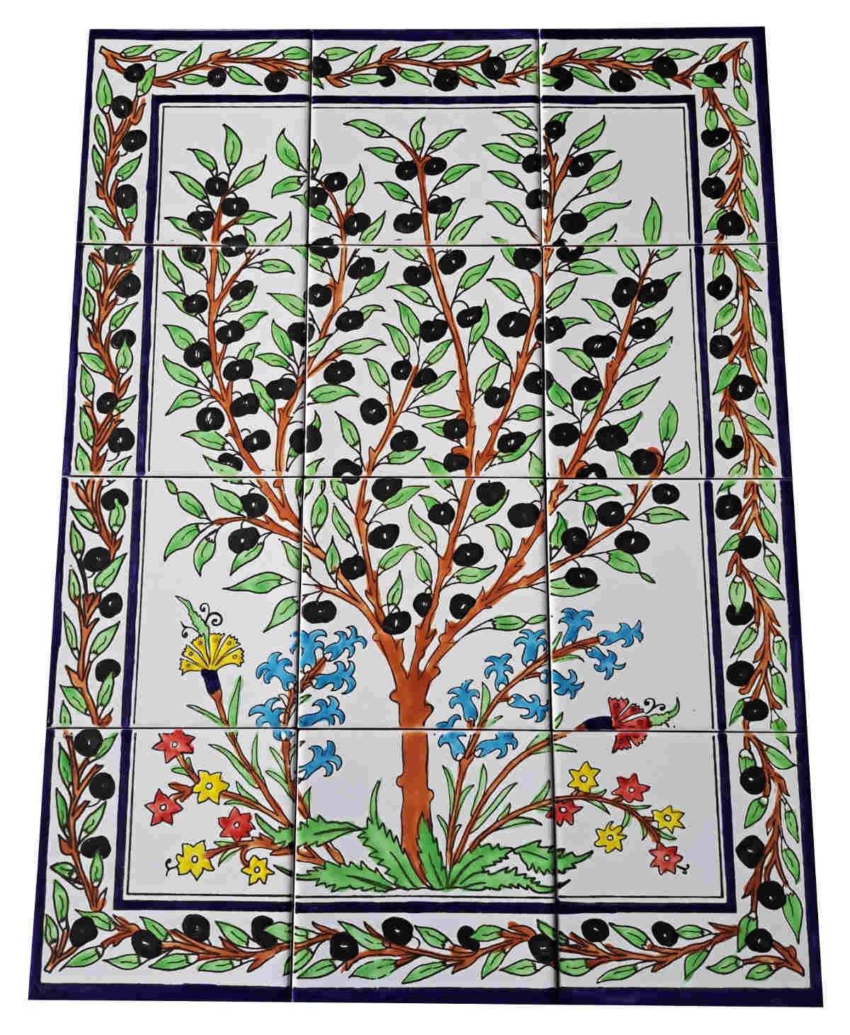 Großes handbemaltes Fliesenbild mit Olivenbaum und bunter Blumenbordüre, 12-teiliges Set, 45x60 cm
