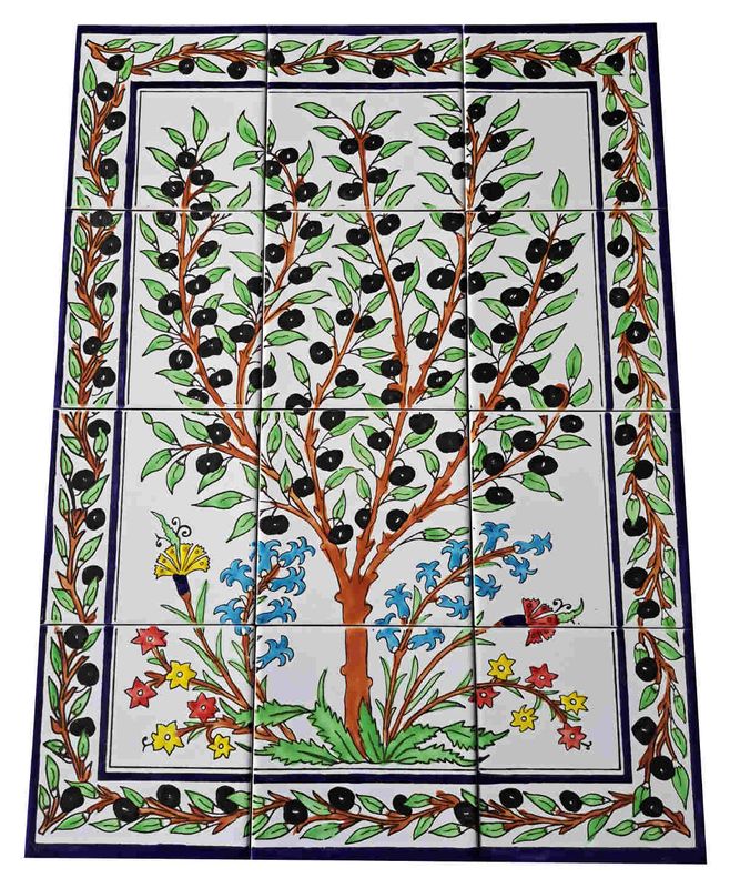 Großes handbemaltes Fliesenbild mit Olivenbaum und bunter Blumenbordüre, 12-teiliges Set, 45x60 cm.