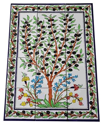 Großes handbemaltes Fliesenbild mit Olivenbaum und bunter Blumenbordüre, 12-teiliges Set, 45x60 cm.