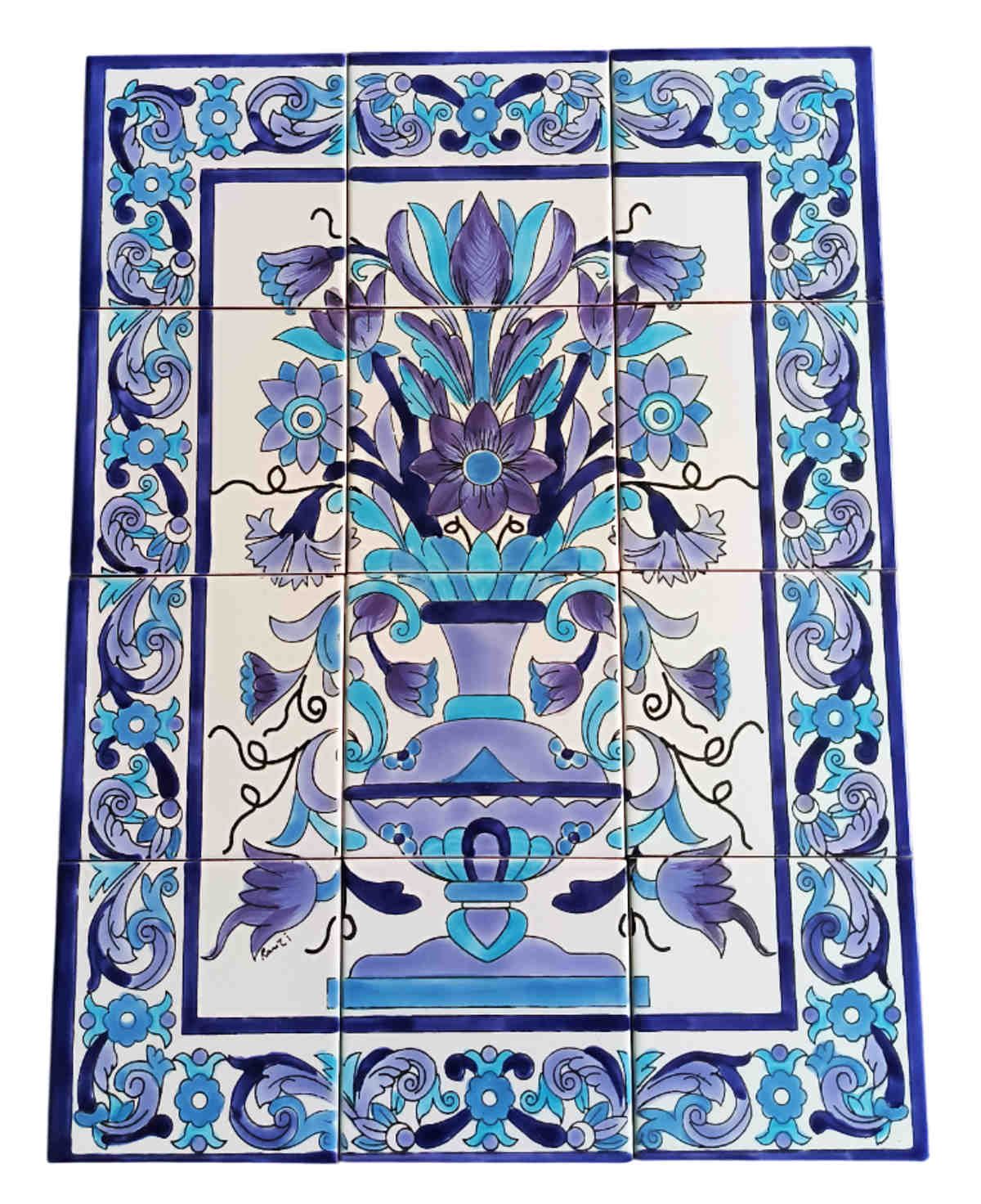 Großes handbemaltes Fliesenbild mit blauer Vase und floralem Ornament, 12-teiliges Set, mediterrane Wanddeko 45x60 cm
