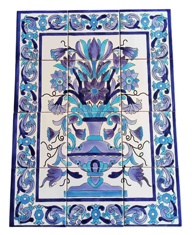 Großes handbemaltes Fliesenbild mit blauer Vase und floralem Ornament, 12-teiliges Set, mediterrane Wanddeko 45x60 cm.
