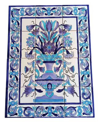 Großes handbemaltes Fliesenbild mit blauer Vase und floralem Ornament, 12-teiliges Set, mediterrane Wanddeko 45x60 cm.
