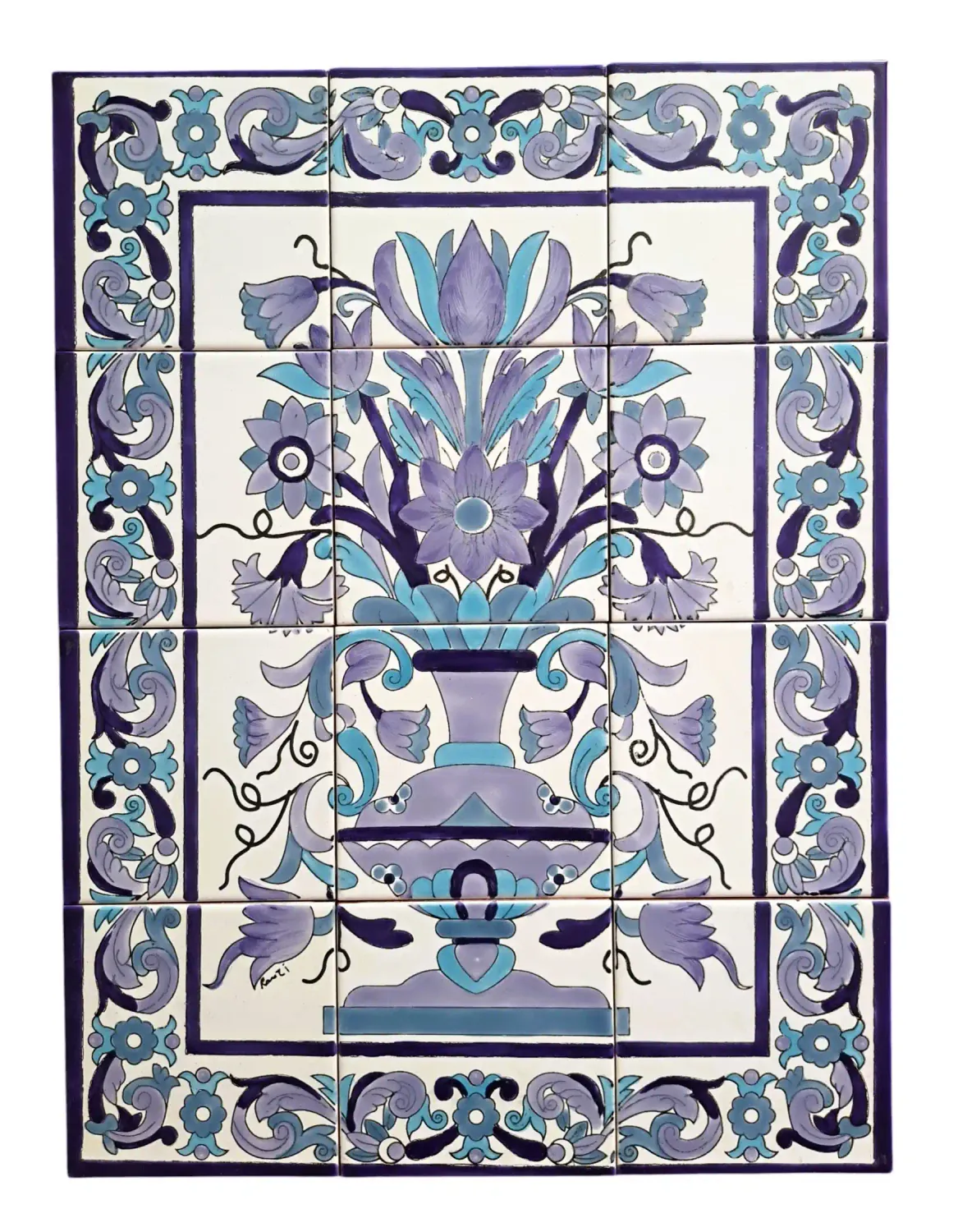 Handbemaltes Fliesenbild Blumenvase in Blautönen, Gesamtansicht frontal, 45x60 cm.