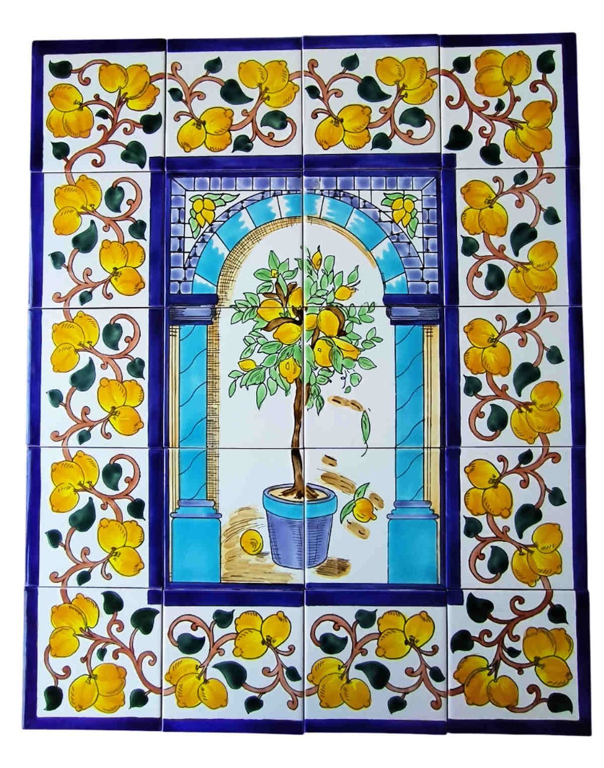 Handbemaltes 20-teiliges Fliesenbild Zitronenbaum mit breiter Bordüre, mediterrane Wandkunst für Innenräume, 60x75 cm.
