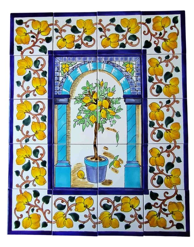 Handbemaltes 20-teiliges Fliesenbild Zitronenbaum mit breiter Bordüre, mediterrane Wandkunst für Innenräume, 60x75 cm.
