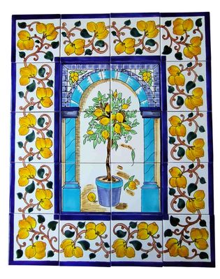 Handbemaltes 20-teiliges Fliesenbild Zitronenbaum mit breiter Bordüre, mediterrane Wandkunst für Innenräume, 60x75 cm.
