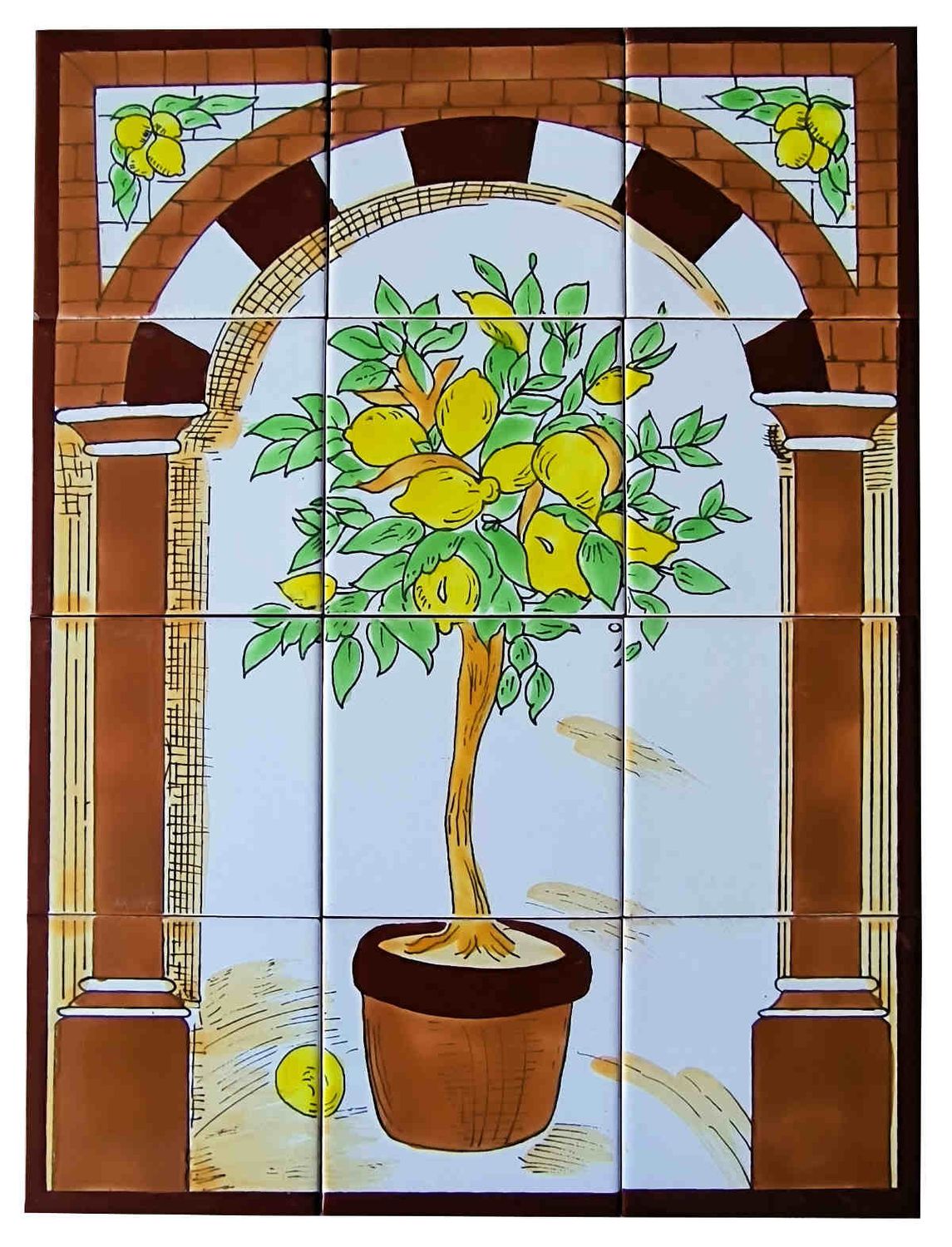 Handbemaltes 12er Fliesenbild Zitronenbaum im rustikalen Torbogen, mediterrane Wandkunst für Ihre Räume, 45x60 cm.
