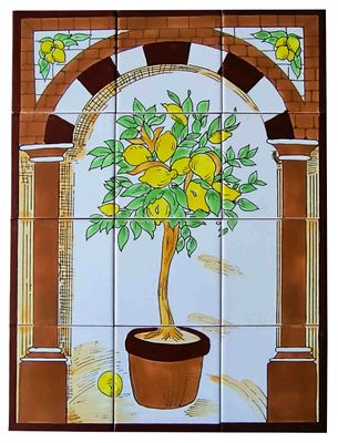 Handbemaltes 12er Fliesenbild Zitronenbaum im rustikalen Torbogen, mediterrane Wandkunst für Ihre Räume, 45x60 cm.
