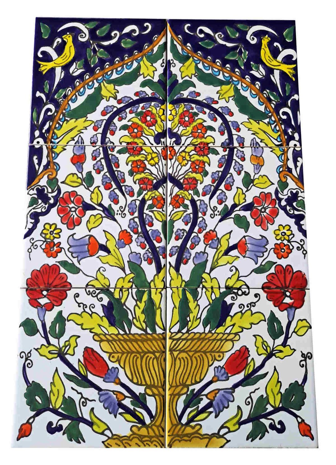 Handbemaltes 6-teiliges Fliesenbild mit zwei gelben Vögeln und prachtvollem Blumenkorb-Motiv, bunte mediterrane Wanddeko, 30x