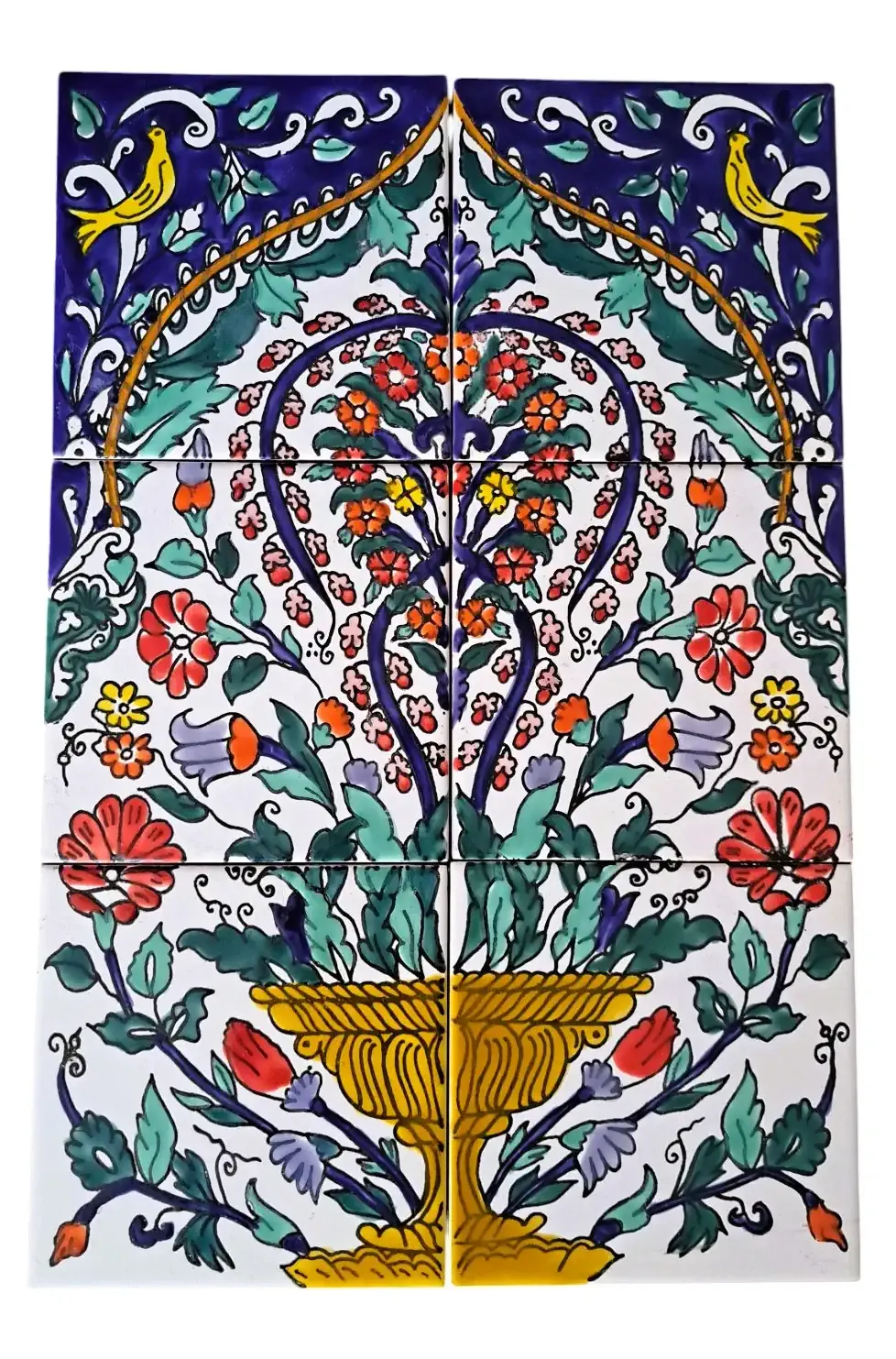 Handbemaltes 6-teiliges Fliesenbild mit zwei gelben Vögeln und prachtvollem Blumenkorb-Motiv, bunte mediterrane Wanddeko.
