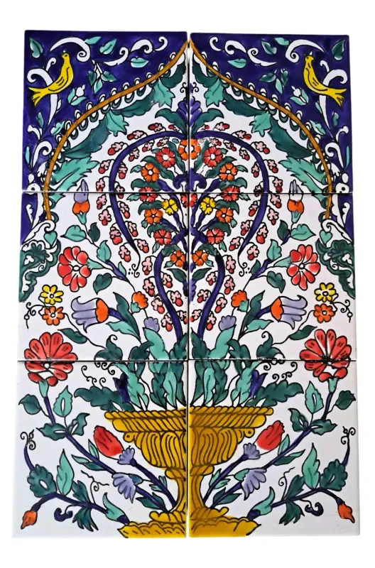 Handbemaltes 6-teiliges Fliesenbild mit zwei gelben Vögeln und prachtvollem Blumenkorb-Motiv, bunte mediterrane Wanddeko.
