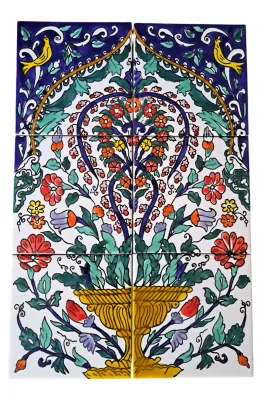 Tableau de 6 carreaux peints à la main avec deux oiseaux jaunes et motif de panier de fleurs magnifique, décoration murale mé