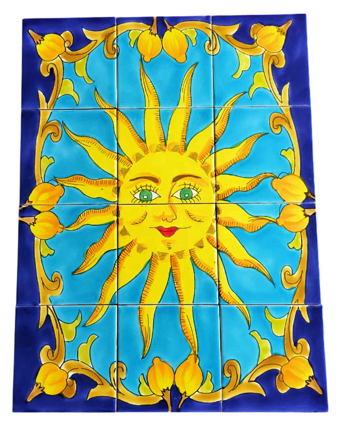 Großes handbemaltes Fliesenbild mit lachender Sonne und Zitronen-Bordüre, mediterrane Mosaik-Wandkunst im italienischen Stil,