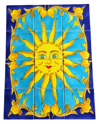 Großes handbemaltes Fliesenbild mit lachender Sonne und Zitronen-Bordüre, mediterrane Mosaik-Wandkunst im italienischen Stil,