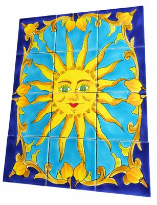 Tableau de carreaux peint à la main soleil avec bordure citron art mural mosaïque méditerranéen 12 pièces 45x60 cm