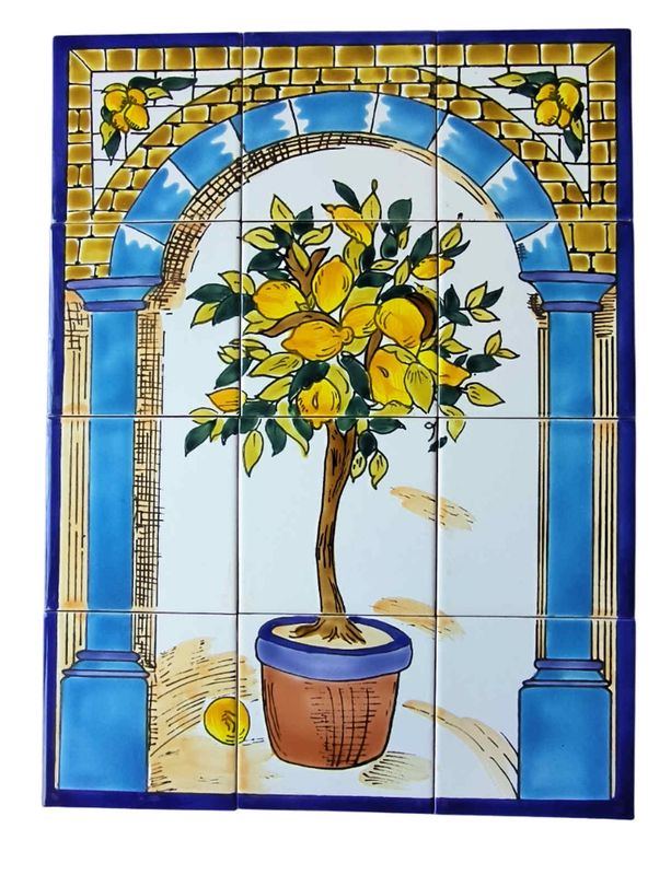 Handbemaltes Fliesenbild Zitronenbaum im Torbogen, 12-teiliges mediterranes Keramik-Mosaik für Innenräume, 45x60 cm.
