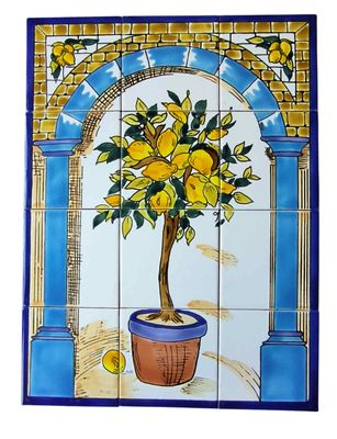 Handbemaltes Fliesenbild Zitronenbaum im Torbogen, 12-teiliges mediterranes Keramik-Mosaik für Innenräume, 45x60 cm.
