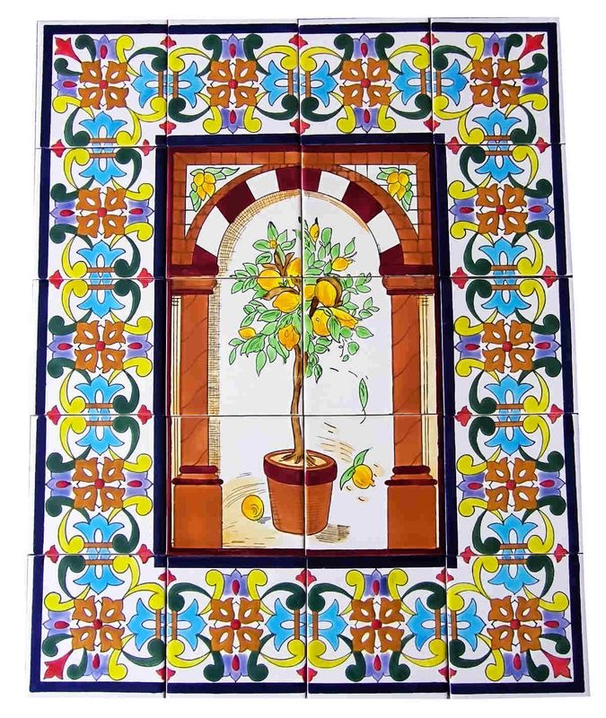 Handbemaltes 20er Fliesenbild Zitronenbaum mit bunter Pracht-Bordüre, mediterrane Wandkunst für Ihre Räume, 60x75 cm.
