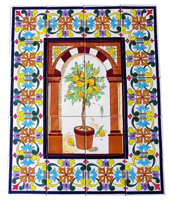 Handbemaltes 20er Fliesenbild Zitronenbaum mit bunter Pracht-Bordüre, mediterrane Wandkunst für Ihre Räume, 60x75 cm.
