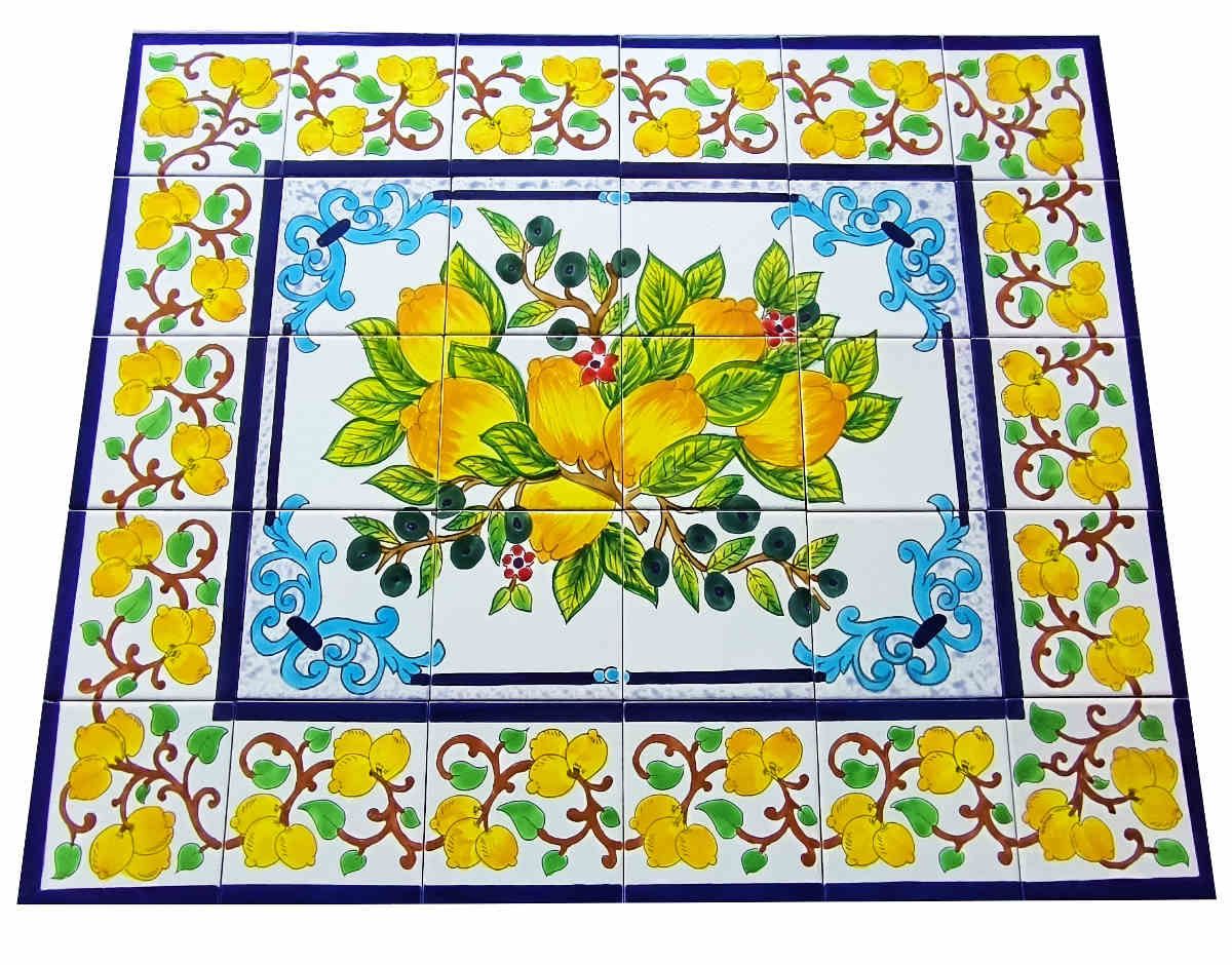 Großes handbemaltes 30er Fliesenbild Zitronen &amp; Oliven mit Bordüre, mediterrane Wandkunst für Ihre Räume, 90x75 cm.
