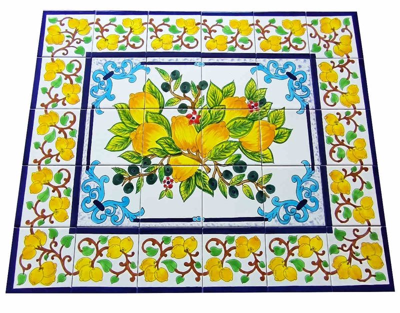 Großes handbemaltes 30er Fliesenbild Zitronen &amp; Oliven mit Bordüre, mediterrane Wandkunst für Ihre Räume, 90x75 cm.
