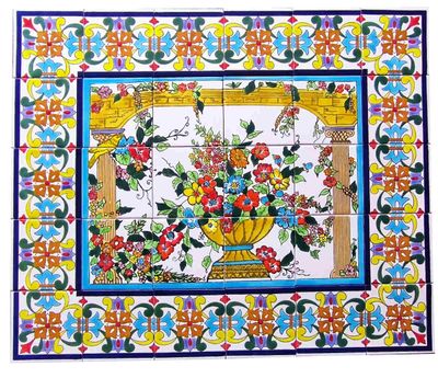 Großes handbemaltes 30er Fliesenbild Blumenvase mit Pracht-Bordüre, orientalisches Wandbild für Ihre Räume, 90x75 cm.
