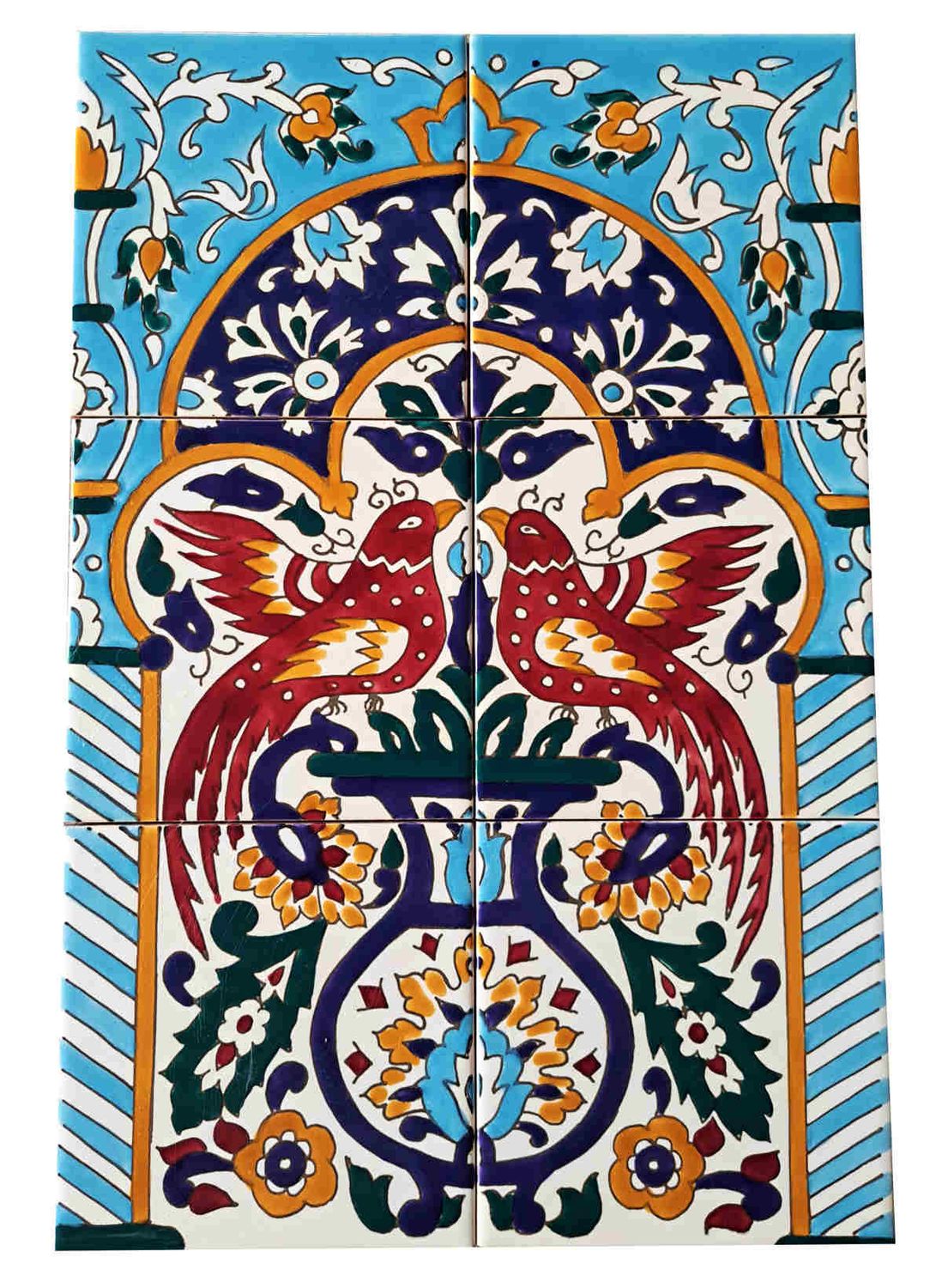 Orientalisches Fliesenbild mit zwei roten Vögeln im Torbogen, handbemalte Azulejos im tunesischen Stil, 6-teiliges Set, 30x45